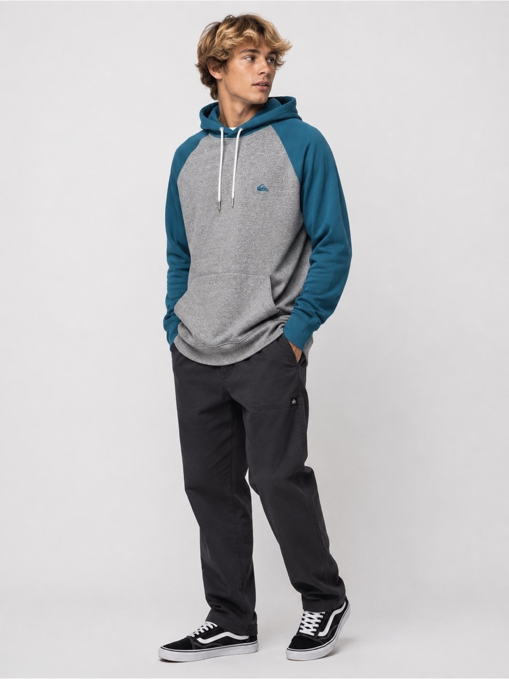 Quiksilver Men’s Raglan Sleeve Hoodie in Teal & Gray - Size Medium